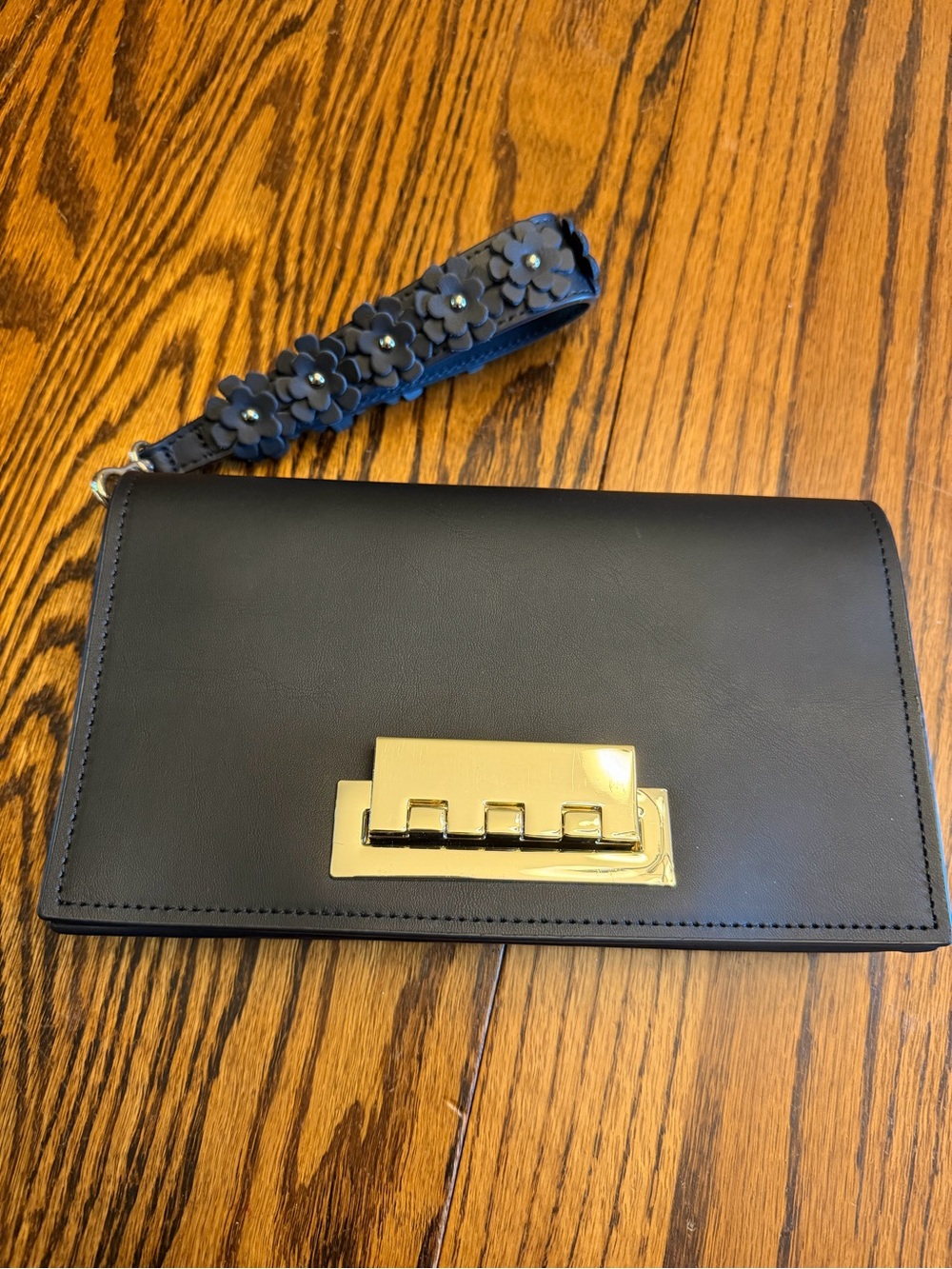Zac Posen Black Leather Clutch with Floral Wrist Strap